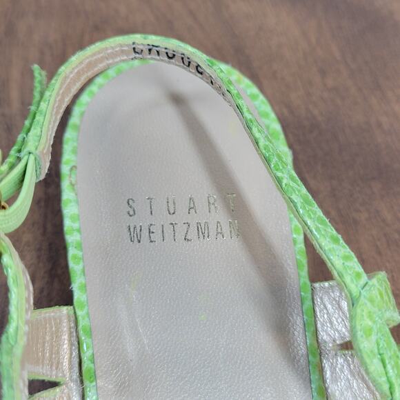 Stuart Weitzman Womens Sandals 7.5 Green Snakeskin Leather Peep Toe Slingback - Picture 3 of 12
